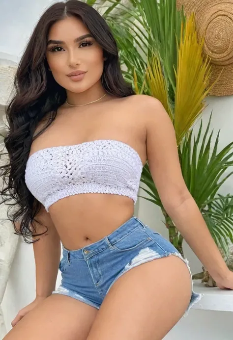 (((high quality:1.2))), Work of art, (8k), extremely detailed, ((High detail:1.2)) ((best resolution)), (Hotlexi woman), Solo, 24 years old Colombian female, (strapless crop top, mini-shorts), (((NSFW cropped open underboob))),