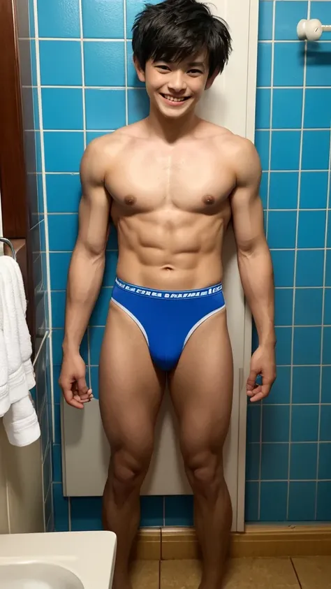 13 years old、Japanese men、Pretty short sporty short black hair、Short but well-trained muscles、In the small bathroom at night、Showing off some really tight, elaborately designed, bulging briefs、A happy smile with a wide open mouth、Short height makes armpits...