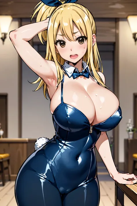 Black mask for face,Lucy_Heartfilia, Blushing, ,One Girl,Huge ,Cleavage,young ,Looking at the audience, Super huge ,((大きなCleavage)), ((Large saggy breasts)),Inside the hotel,Sexy,glamorous,My body is wet , Shiny clothes,Cowboy Shot,Bunny Suit,Blonde,Blue r...