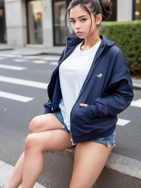 Street style: Girl with messy bun wearing oversized cool navy track jacket, urban setting