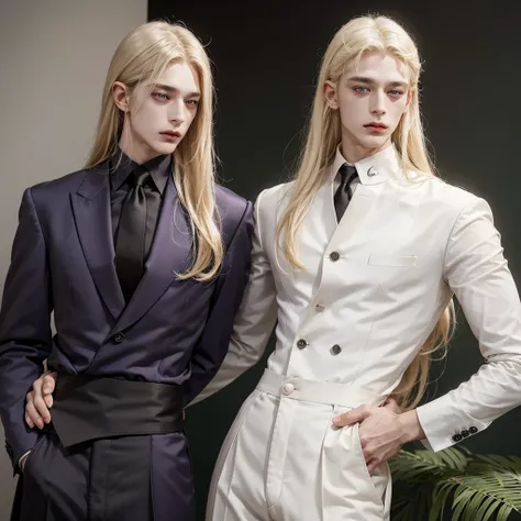 German ethnic boy with long blonde hair, long lock hanging in front, pale skin, green left eye, purple right eye, hairless skin, White shirt, elegant brown suit, Black pants, with a perfect face, handsome, attractive, with a gentle and dominant aura