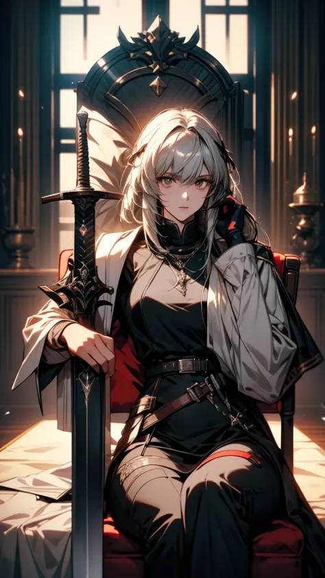 Close-up of a person sitting on a chair holding a sword, Inspired by Le Chevalier, From Arknights, from Girls&#39; Frontline, nier 2b ..., Never love yourself, Fine details. Girls&#39; Frontline, 2b nier automata, 2b ..., 2b, Girls&#39; Frontline cg, White...