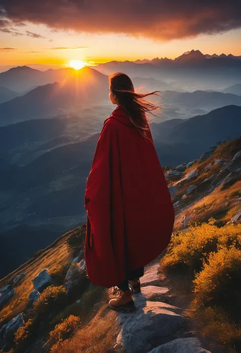 有一位女士背着背包Standing on the mountain, Image Source：Alexander Runciman, pexels contest winners, Happening, At Dawn, At Dawn, a wanderer on a mountain, mirando el Sunset, Standing on the mountain, At Dawn, during a Sunset, Stand in front of Mt, looking at a Sun...