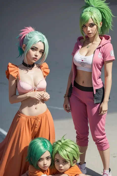 Freire character with half green hair and the other half pink with two Maria Chiquinha and a long orange outfit