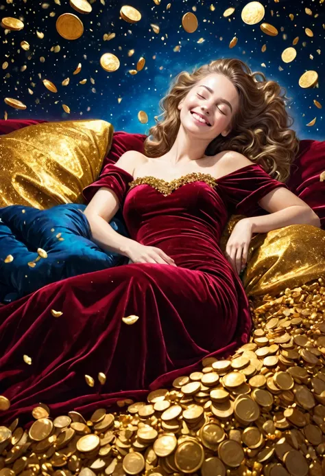 Beautiful woman sleeping on a bed of gold, aristocratic wine red velvet dress, smiling, outer space, shower of gold light, coins falling, blue bird