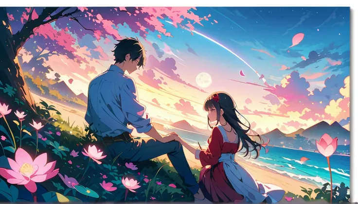 A couple sits on the edge of an endless sea made entirely of pink lotus flowers, with their backs to each other and facing away. The bright moon shines before them, creating a romantic atmosphere. This is illustrated in the style of anime art with a touch ...