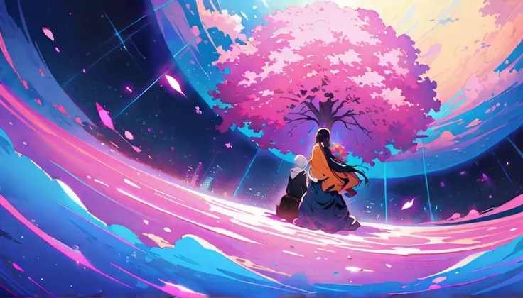 A couple sits on the edge of an endless sea made entirely of pink lotus flowers, with their backs to each other and facing away. The bright moon shines before them, creating a romantic atmosphere. This is illustrated in the style of anime art with a touch ...