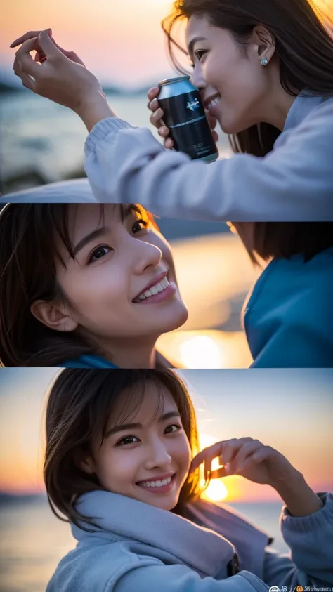 8K,Japanese woman watching the sunset,Super Beauty(Like the real thing),nice,Middle-aged women,Mountain Observation Deck,Portraiture, The perfect angle、Professional quality high resolution、Perfect contrast、Perfect lighting、Perfect composition、Perfect Skin、...