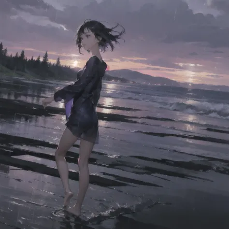 a thin girl with an exquisite, very beautiful face runs in the rain, purple wild sky, streams of rain, barefoot