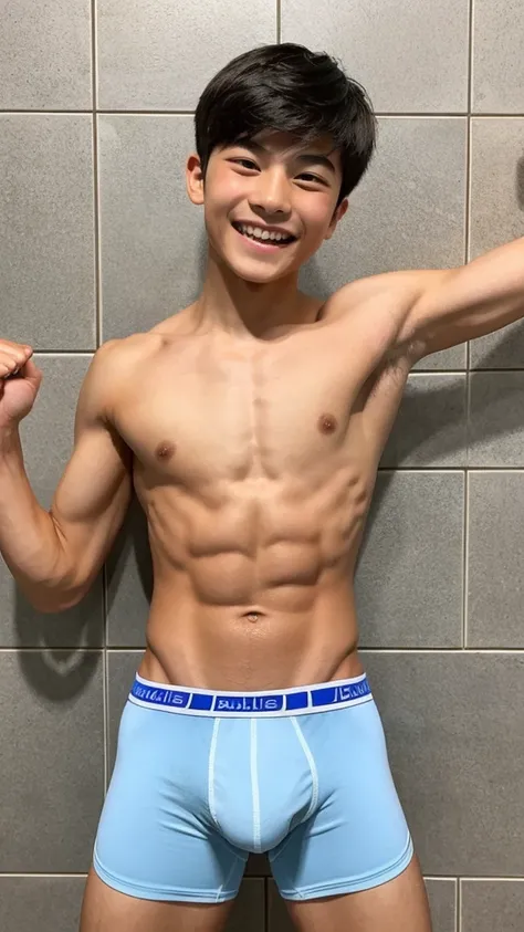 Japanese men、14 years old、Short but well-trained muscles and smooth skin、Sporty short hair、A friendly, sporty smile with the mouth wide open、A young face, but a short stature, active pose and bulging muscles.、He is showing off his bulging boxer shorts, mad...