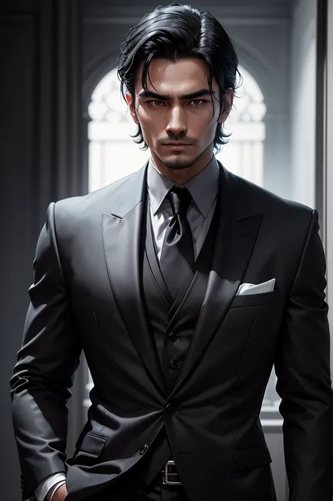 masculine man, wearing black suit, black hair, White skin, looking straight ahead, portrait, dark background, dark background, the most masculine man in the world
