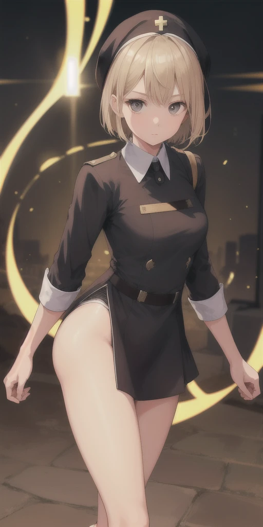 1girl, has short blond hair, has sharp light brown eyes, give accurate facial features, give accurate hands, accurate legs,  HD , thighs appears , has a healing ability , medium  appears , wears a nuns uniform , ass appears