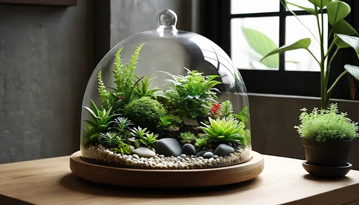 「１Encased in two glass domes、A beautiful and delicate terrarium。Mr.々Various kinds of green plants are harmoniously arranged、Small stones and tree branches are scattered around。Warm natural light pours in、It creates a fantastic atmosphere, as if a small wor...