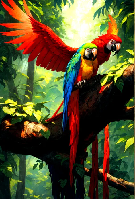 A macaw，in the rainforest，Stand on a branch and whip your wings，plethora of colors，Strong layering，