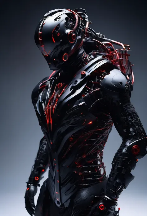 A menacing futuristic industrial design cyborg in a white photography studio, wear a hi tech mask, a matte black exoskeleton with red details. Matte black mecha body melds with a futuristic breathing mask. Cinematic low-key lighting accentuates sharp edges...