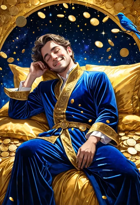 beautiful handsome man sleeping on a bed of gold, aristocratic royal blue velvet robe, smiling, outer space, shower of gold ligh...