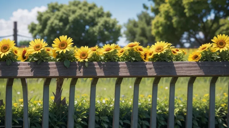 birds on the fence, and in the background sunny day, to the background and flowers, blurred in the background, perfection in details, qualidade maxima, 8K