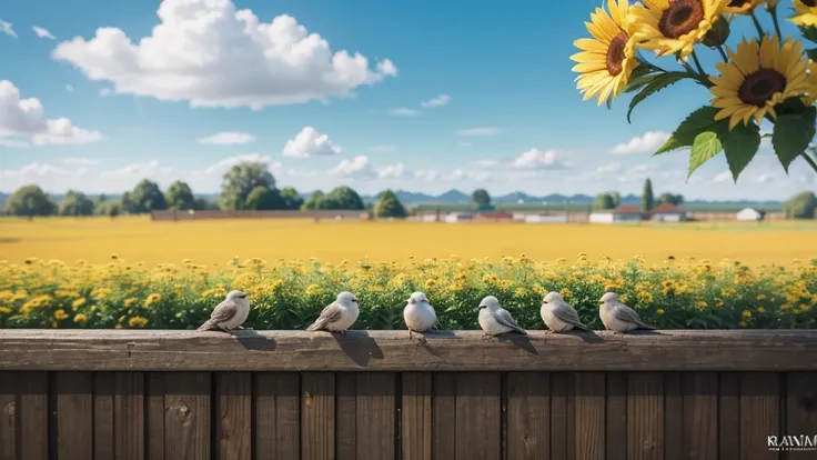 birds on the fence, and in the background sunny day, to the background and flowers, blurred in the background, perfection in details, qualidade maxima, 8K