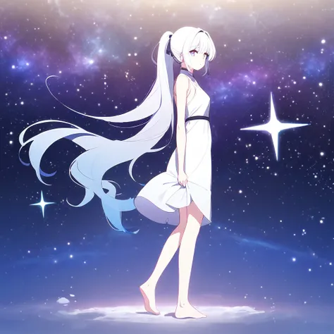 Girl with a ponytail, Gradient purple to sky blue eyes, Wearing a white dress, , Galaxy Background, , No footwear、whole body、White Hair