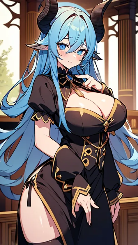 1goat woman,golden horns, goat ears, goat tail, long curly blue hair, black bow on the head, perfect eyes, make-up, blue eyes, red lipstick, naughty face, black necklace, victorian clothing, blue blouse, black tie, fluffy black skirt, long black stockings,...