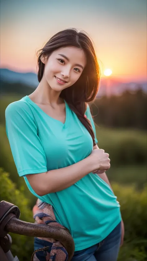 8K,Japanese woman watching the sunset,Super Beauty(Like the real thing),nice,Middle-aged women,Mountain Observation Deck,Portraiture, The perfect angle、Professional quality high resolution、Perfect contrast、Perfect lighting、Perfect composition、Perfect Skin、...