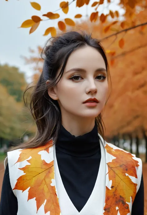 close up, samdoesarts style beautiful woman, In the park with orange leaves , author：Jeremy Mann, By Sandra Chevrier, author：dave mckean、richard avedon 和 maciej cuciara, White vest and jeans, High Detail, 8K