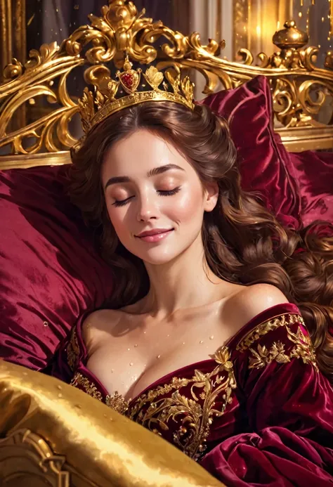 close-up, a beautiful woman sleeping on a gold bed, an aristocratic burgundy velvet dress, a crown, a smile, a soft canopy, a sh...