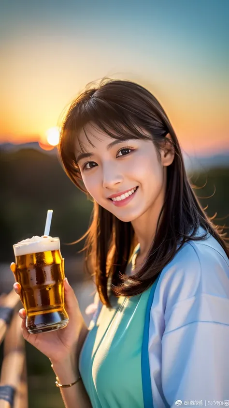 8K,Japanese woman watching the sunset,Super Beauty(Like the real thing),nice,Middle-aged women,Mountain Observation Deck,Portraiture, The perfect angle、Professional quality high resolution、Perfect contrast、Perfect lighting、Perfect composition、Perfect Skin、...