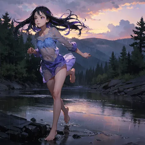 a thin girl with an exquisite, very beautiful face runs in the rain, purple wild sky, streams of rain, barefoot