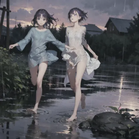 a thin girl with an exquisite, very beautiful face runs in the rain, purple wild sky, streams of rain, barefoot