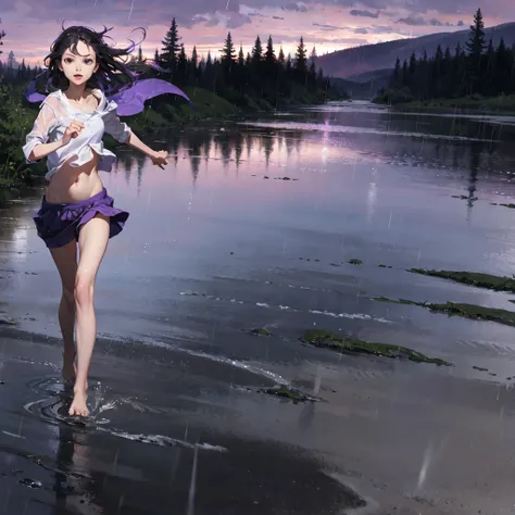 a thin girl with an exquisite, very beautiful face runs in the rain, purple wild sky, streams of rain, barefoot