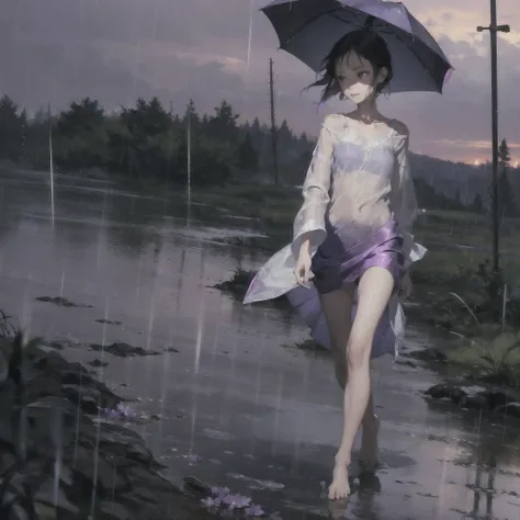 a thin girl with an exquisite, very beautiful face runs in the rain, purple wild sky, streams of rain, barefoot