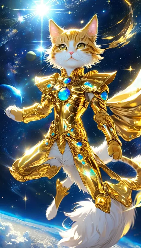 ((8K)), Highest quality, 超high resolution, (high resolution),A cat dressed in the Gold Saint outfit from the Saint Seiya anime., Floating in the vast space. The cat&#39;s armor shone brightly., reflecting the stars around