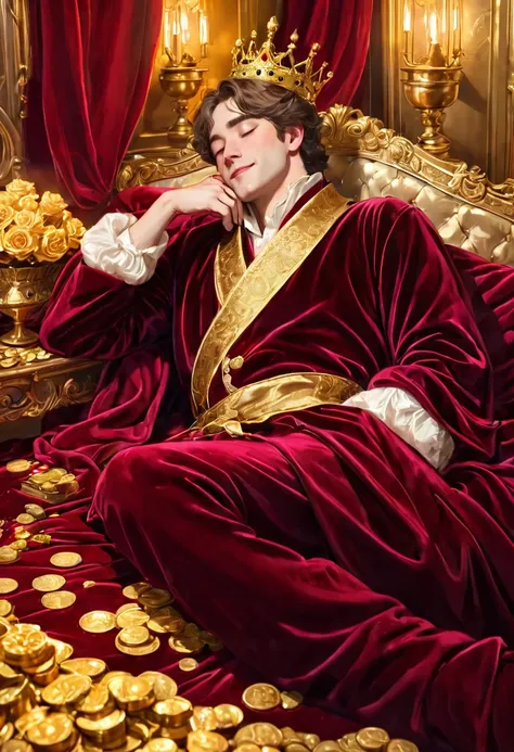 close-up, a beautiful man sleeping on a gold bed, an aristocratic burgundy velvet robe, a crown, a smile, a soft canopy, piles o...