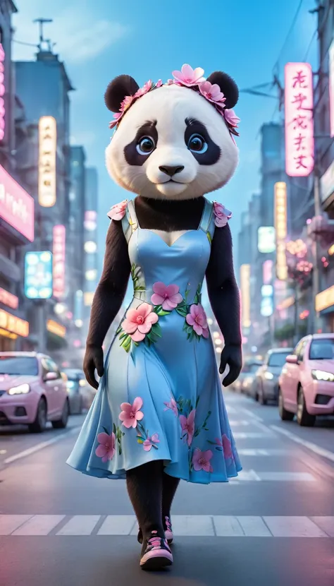 (Panda in urban light blue flared dress: 1.5), (Panda with pink flower on head: 1.5), Standing on the road in a high-tech cityscape with neon lights and holographic signs. Background has a high-tech feel. Lovely digital painting, 3D rendering, bright light...