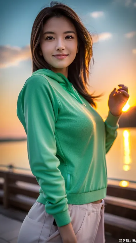 8K,Japanese woman watching the sunset,Super Beauty(Like the real thing),nice,Middle-aged women,Mountain Observation Deck,Portraiture, The perfect angle、Professional quality high resolution、Perfect contrast、Perfect lighting、Perfect composition、Perfect Skin、...