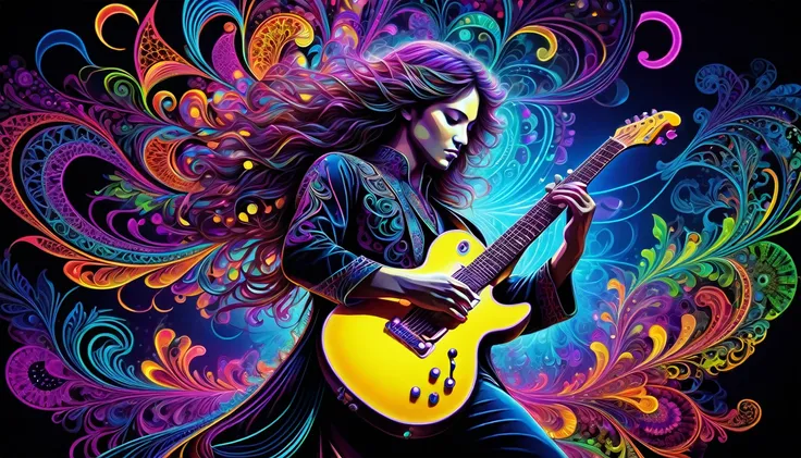 Black Light Art，(masterpiece, Highest quality, The best quality at its best, Official Art, Beautiful and beautiful:1.2), (One guitarist:1.3), Very detailed,(Fractal Art:1.2),colorful,Most detailed,( Zentangle neon light:1.2), (Dynamic Pose), (Abstract back...