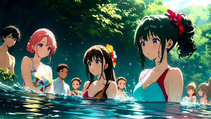 a group of boys and girls cheers at a poolside party, long eyelashes, colorful swimsuits, splashing water, vibrant colors, warm sunlight, reflections in water, lush greenery, (best quality,4k,8k,highres,masterpiece:1.2),ultra-detailed,portraits,vivid color...