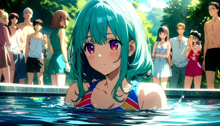 a group of boys and girls cheers at a poolside party, long eyelashes, colorful swimsuits, splashing water, vibrant colors, warm sunlight, reflections in water, lush greenery, (best quality,4k,8k,highres,masterpiece:1.2),ultra-detailed,portraits,vivid color...