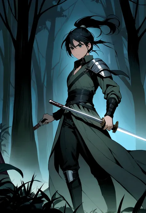 Picture a young warrior wielding a saber in a forest at night