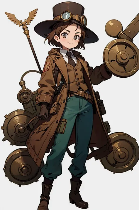 1.steampunk,15 years old,goggles on the forehead,hat,a fake smile,gloves,whole body,boots,pants,white background, woman