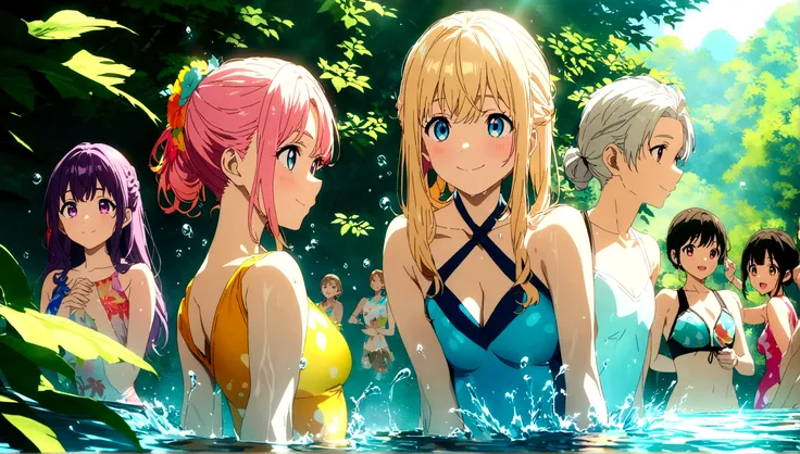 a group of boys and girls cheers at a poolside party, smile, long eyelashes, colorful swimsuits, splashing water, vibrant colors, warm sunlight, reflections in water, lush greenery, (best quality,4k,8k,highres,masterpiece:1.2),ultra-detailed,portraits,vivi...