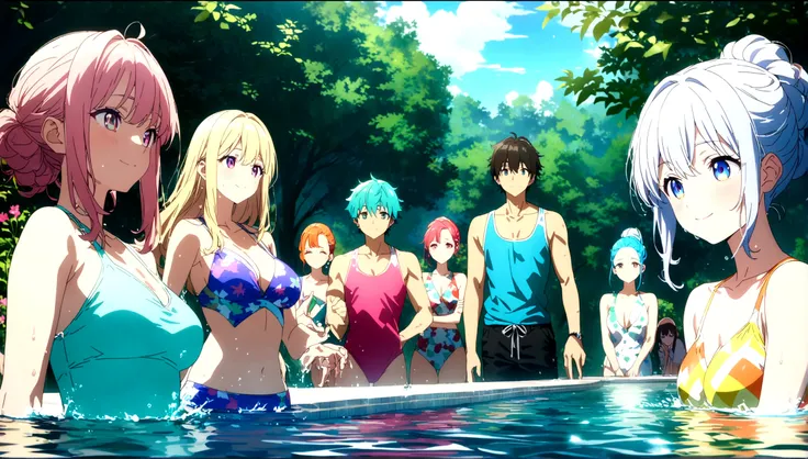 a group of boys and girls cheers at a poolside party, smile, long eyelashes, colorful swimsuits, splashing water, vibrant colors, warm sunlight, reflections in water, lush greenery, (best quality,4k,8k,highres,masterpiece:1.2),ultra-detailed,portraits,vivi...