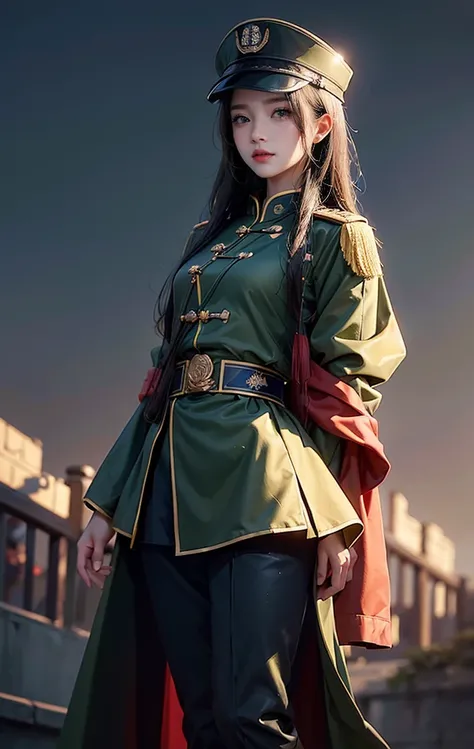 （Several Chinese female soldiers standing side by side）, Dressed in military uniform, Wearing a neat military cap，phalanster，Chinese military parade 19 year old girl, uniquely beautiful, Beautiful light makeup, full , Scrappy, magnificent。high resolution，H...