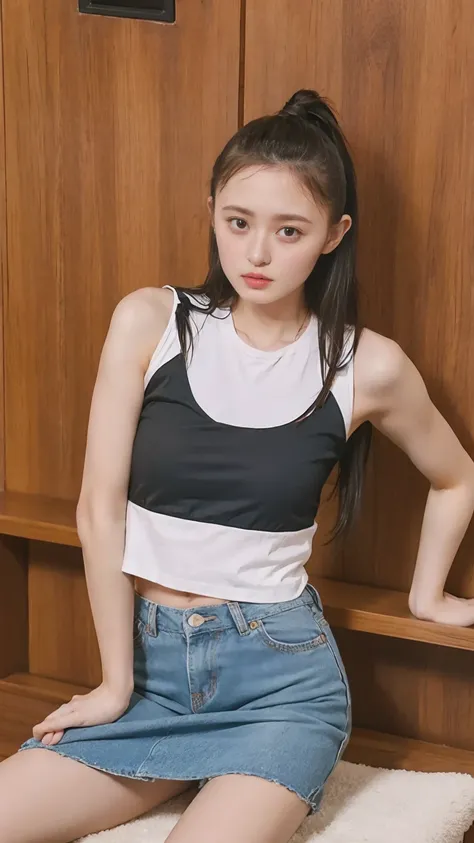 Open shirt, (((Leaning forward))), ((,Round face, Around 17 years old,mini skirt、A loose-fitting tank top)),  Long Hair, , Natural Makeup, Lips become thicker, Sexy Gaze, barefoot, ((Raise one leg)),  Shooting from below,Gentle expression ,((Extremely prec...