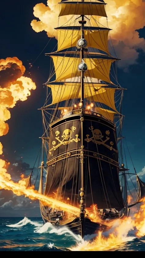 One piece anime, black and yellow pirate ship, wide view of the deck, using for a background picture,