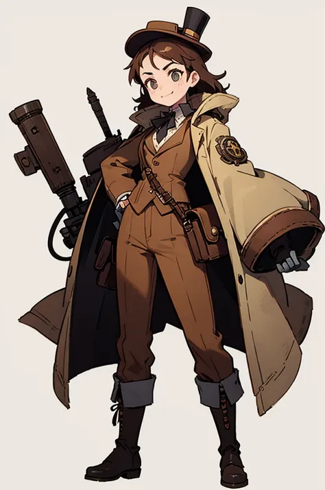 1.steampunk,15 years old,Goggles on the forehead,hat,A fake smile,gloves,whole body,boots,pants,White background, woman