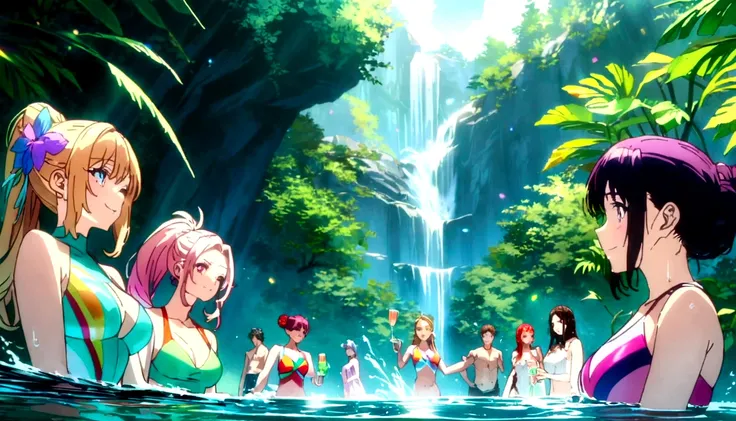 a group of boys and girls cheers at a poolside party, jog of juice, glass of cocktail, smile, long eyelashes, colorful swimsuits, splashing water, vibrant colors, warm sunlight, reflections in water, lush greenery, (best quality,4k,8k,highres,masterpiece:1...