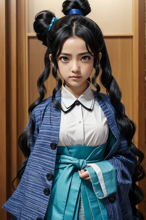 I want it to have the style of the anime kimetsu no yaiba. Sanae is a girl who, despite her age, is quite tall., Her hair is black that reaches her waist., wavy that is also a little unruly and unmanageable, His eyes are slanted blue with a subtle hopeful ...