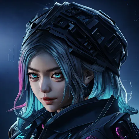 there is a woman with blue hair and a jacket, hyper-realistic cyberpunk style, realistic art style, retrato ciberpunk, 🤤 portrai...